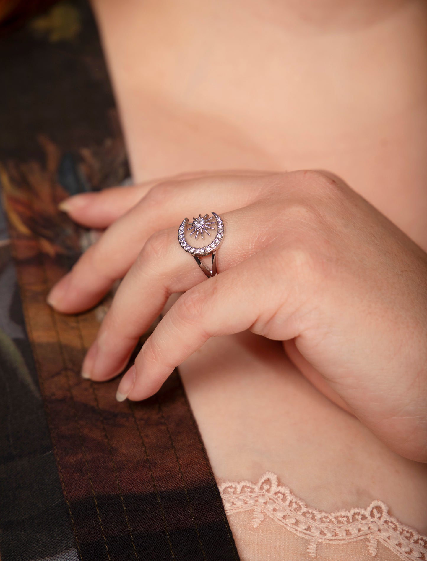 Elegant Micro Pave Silver Moon & Star Adjustable Ring