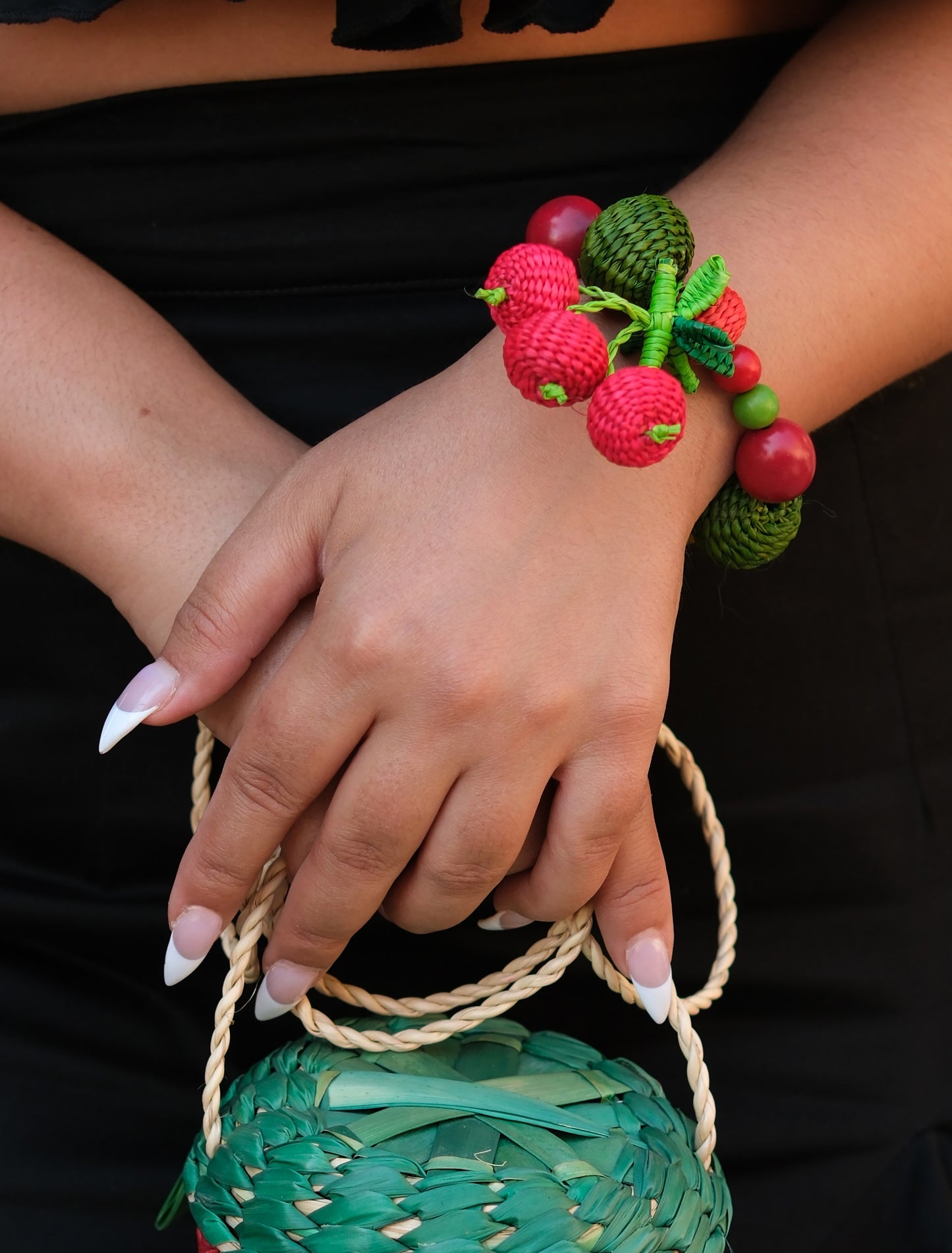 Load image into Gallery viewer, Iraca Woven Fruit &amp;amp; Chicon - Açai Beads adjustable bracelet (Cherry)
