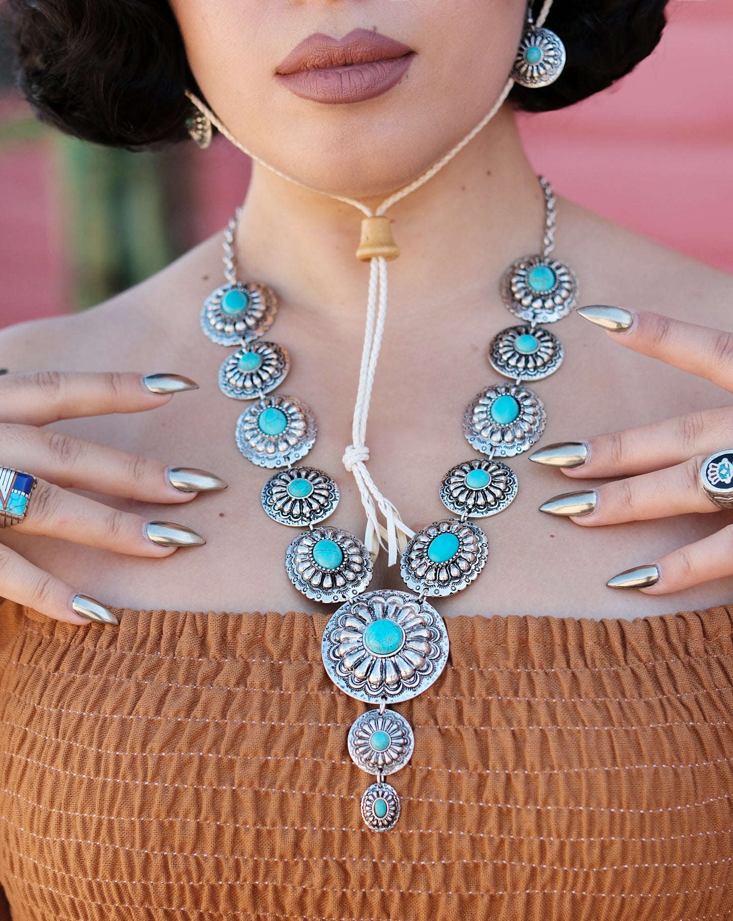 Western Concho Lariat Necklace + Earrings Set