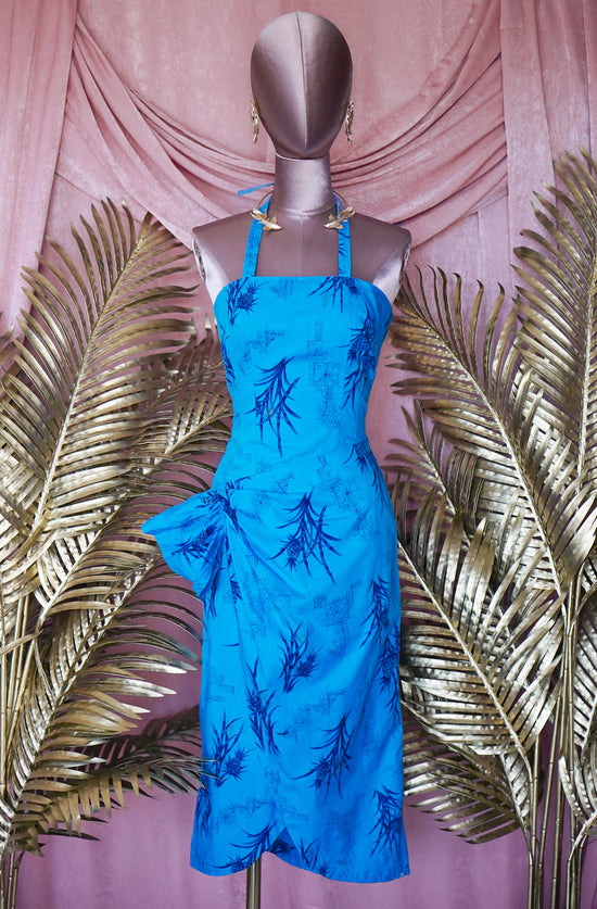 1950s Hawaiian Blue Pineapple Print Dress