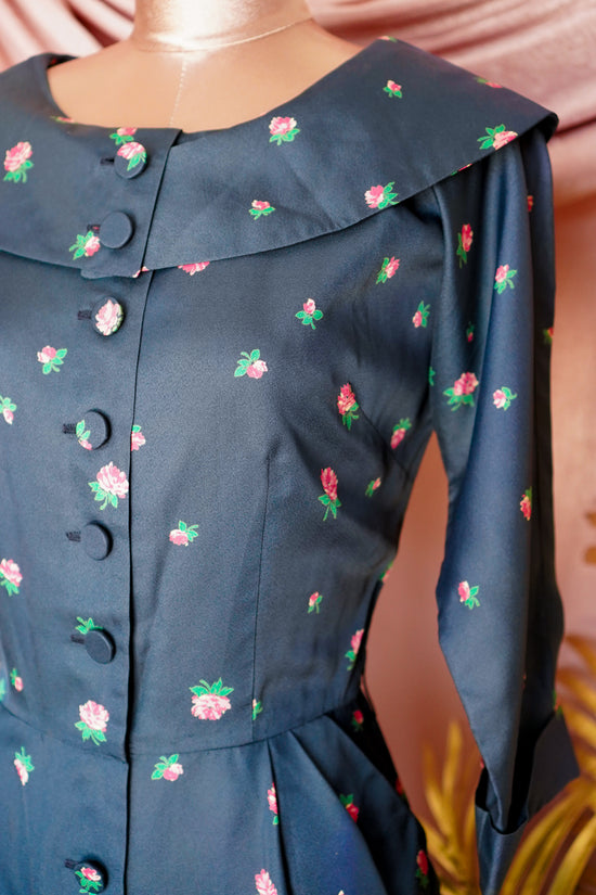 Vintage 1950s Navy w/pink flowers wiggle dress